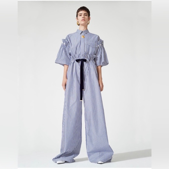 Mother Of Pearl No Frills Blue Striped Tall High Waisted WidE Leg Ruffle Pants - Picture 1 of 8